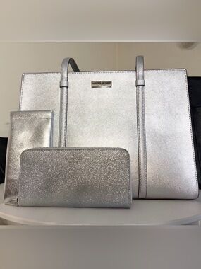 Kate Spade “Kenzie” Silver Metallic Large Tote with Glitter Continental Wallet